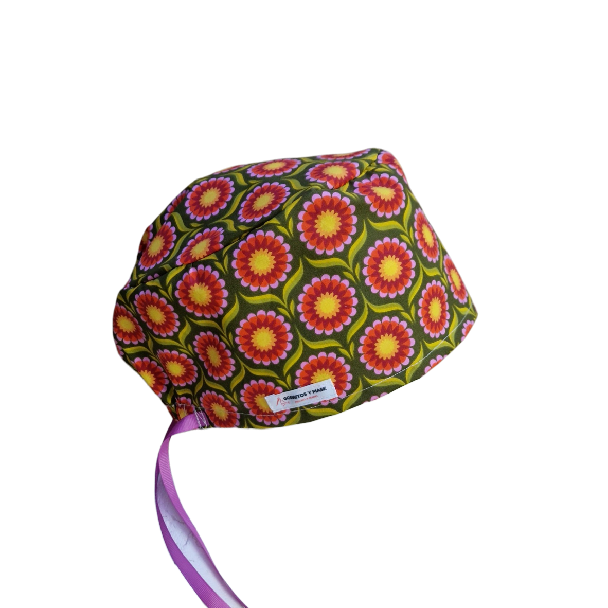 Gorro quirúrgico 100% algodón cretona modelo Divali Flor con estampado floral, disponible para pelo corto o largo, cómodo y ajustable.