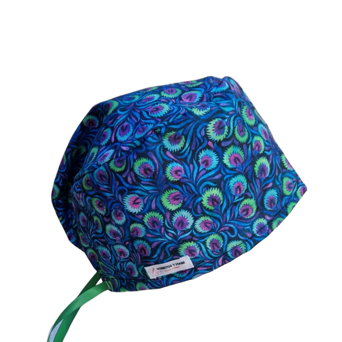 Gorro quirúrgico de plumas de pavo real en algodón 100% con estampado en verdes, azules y dorados, de @gorritosymask